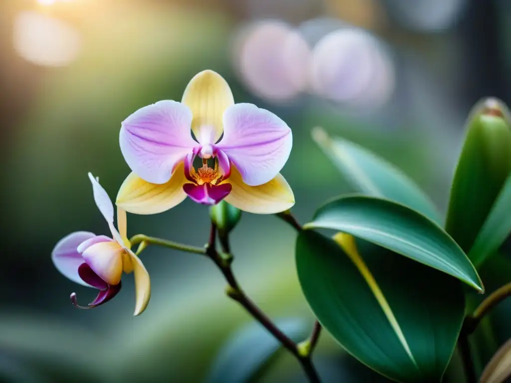 Detalle vibrante de orquídea nativa uruguaya resaltando la belleza de sus pétalos, rodeada de exuberante vegetación y luz natural