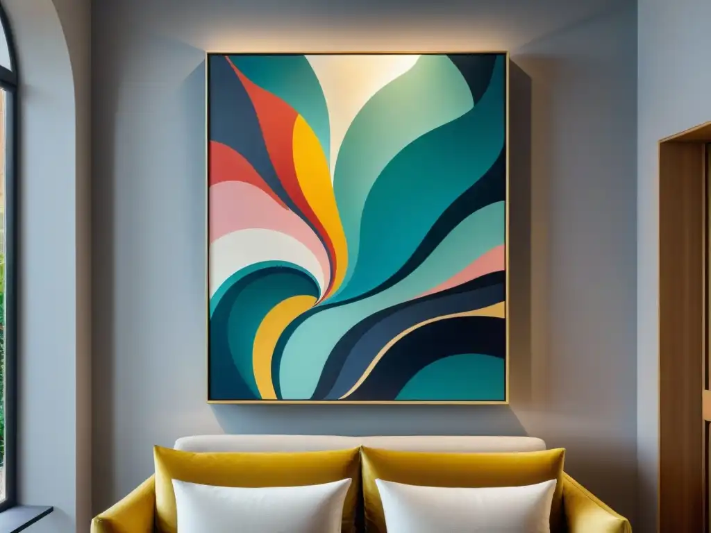 Detalle vibrante de pintura abstracta en hotel boutique: arte contemporáneo en Uruguay