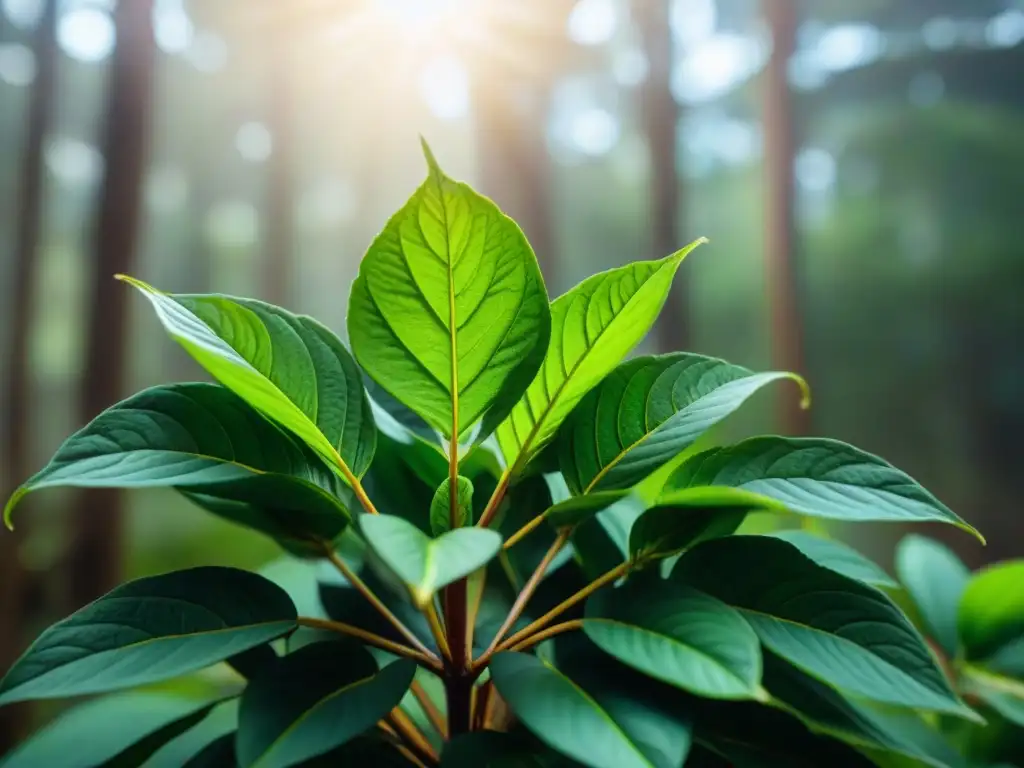 Detalle de una vibrante planta de Yerba Mate en su hábitat natural en Uruguay, bajo la luz del sol en un frondoso bosque