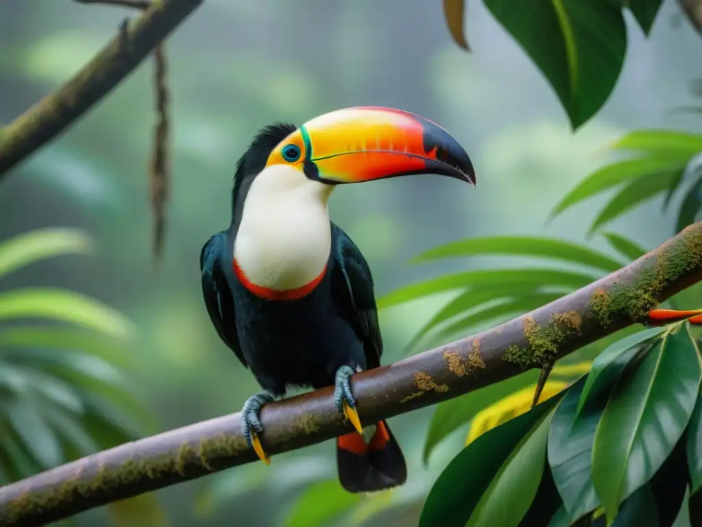 Detalle vibrante de un tucán en la selva, esencial para observación de aves en Uruguay