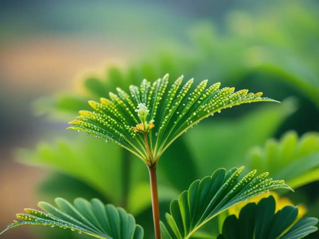 Detalles vibrantes de la planta de citronela en flor Un detalle vívido de una planta de citronela en flor, con gotas de agua brillantes y paisaje rural uruguayo