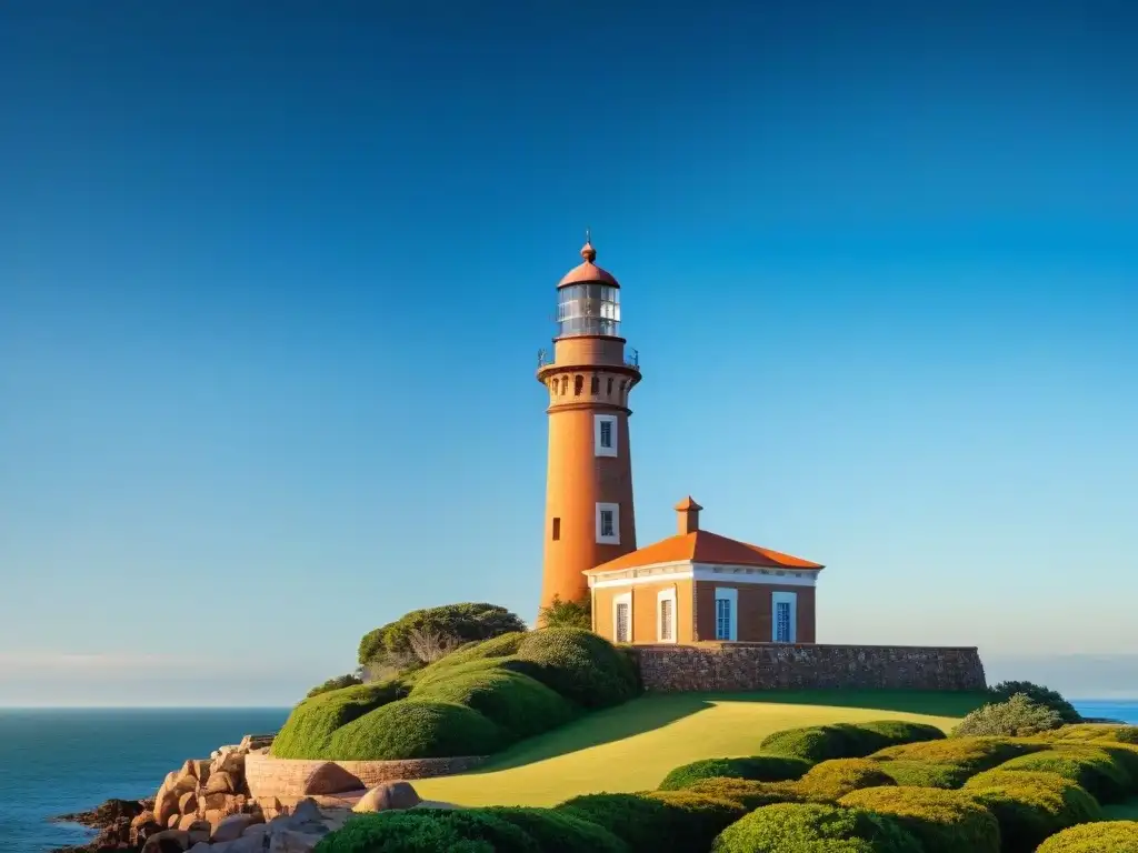 Detalles arquitectónicos del faro histórico en Punta del Este, bajo cielo azul