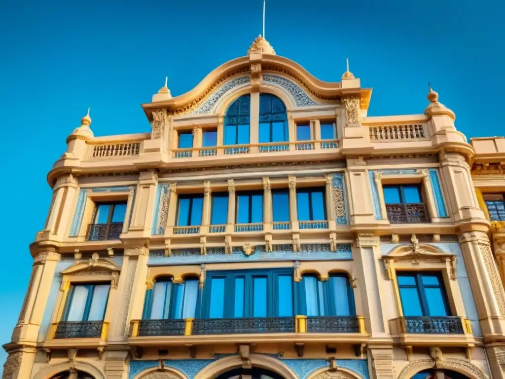 Detalles arquitectónicos del Palacio Salvo en Montevideo, resaltando su torre icónica y belleza histórica