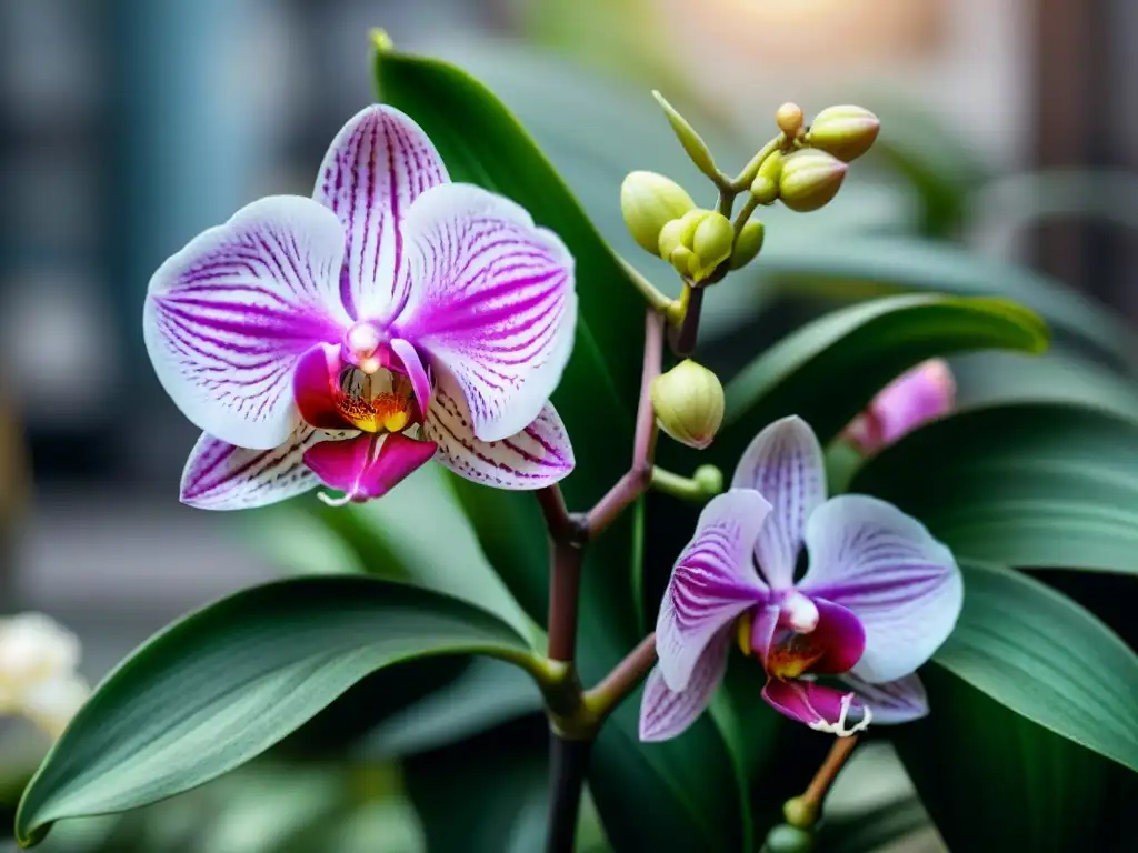 Detalles de una orquídea rosa y blanca entre la exuberante vegetación de la selva urbana de Uruguay, mostrando su belleza y resistencia