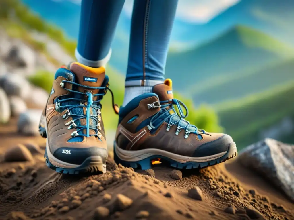 Detalles de botas de trekking cubiertas de barro en sendero montañoso