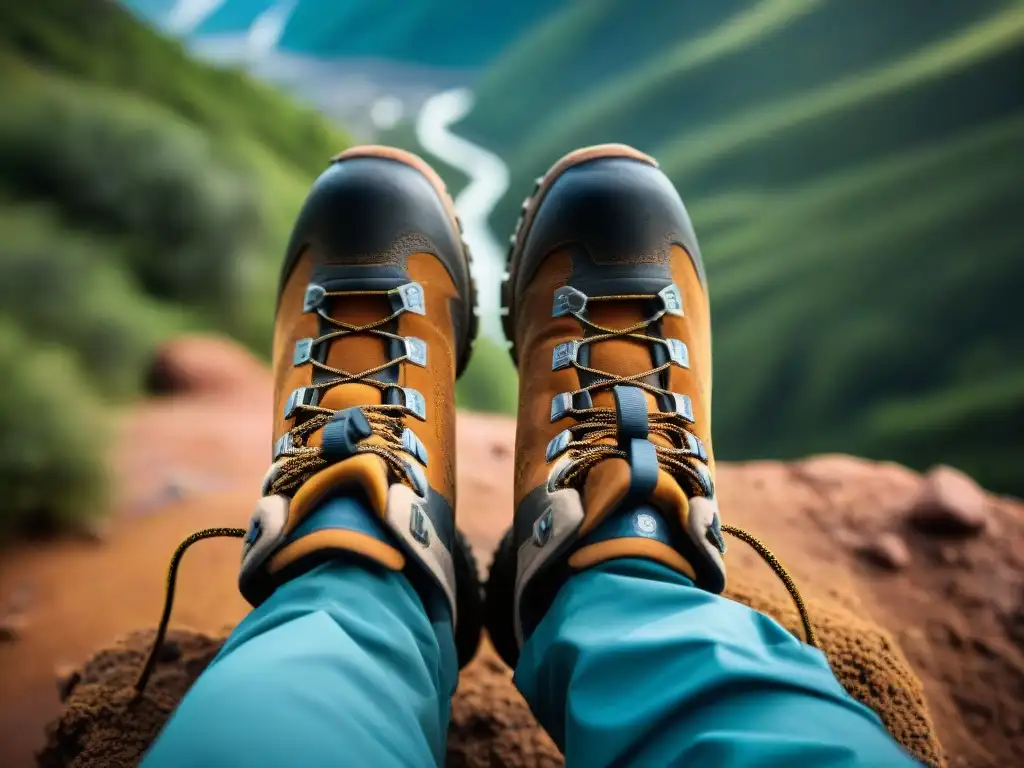 Detalles de botas de trekking desgastadas en sendero montañoso