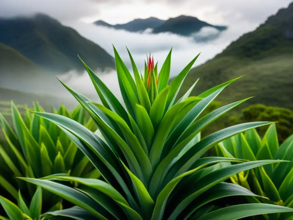 Detalles de bromelia verde con gotas de agua, adaptaciones plantas sierras uruguayas