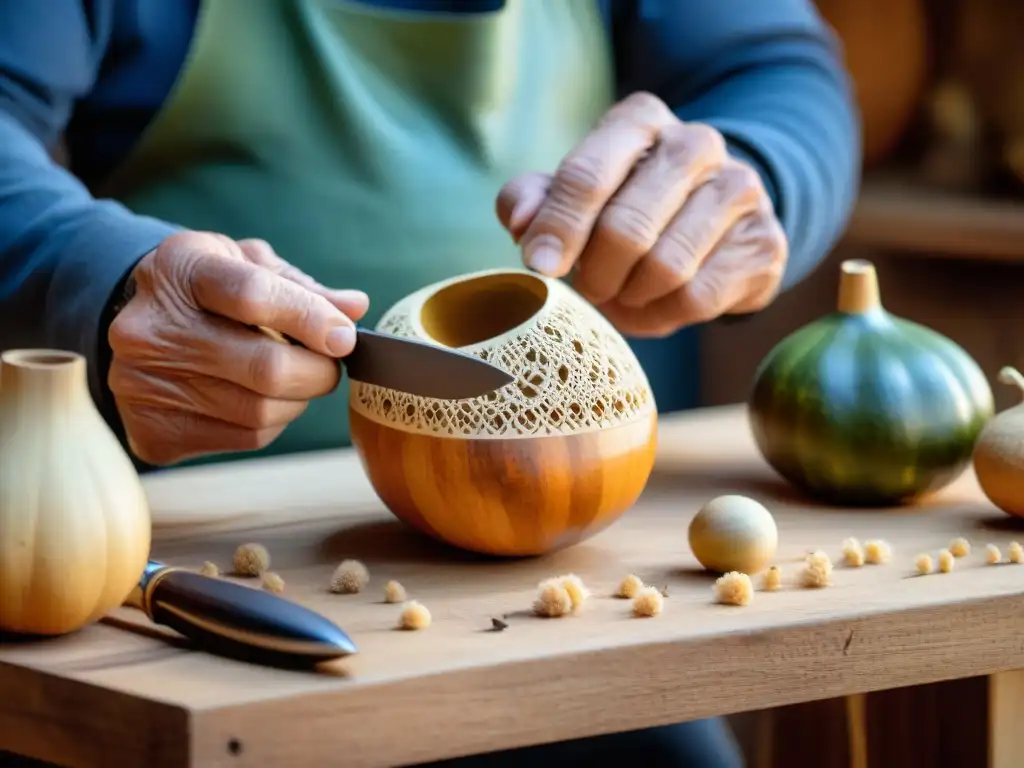 Detalles conmovedores de la artesanía en madera en Uruguay: manos arrugadas de un anciano tallando un mate