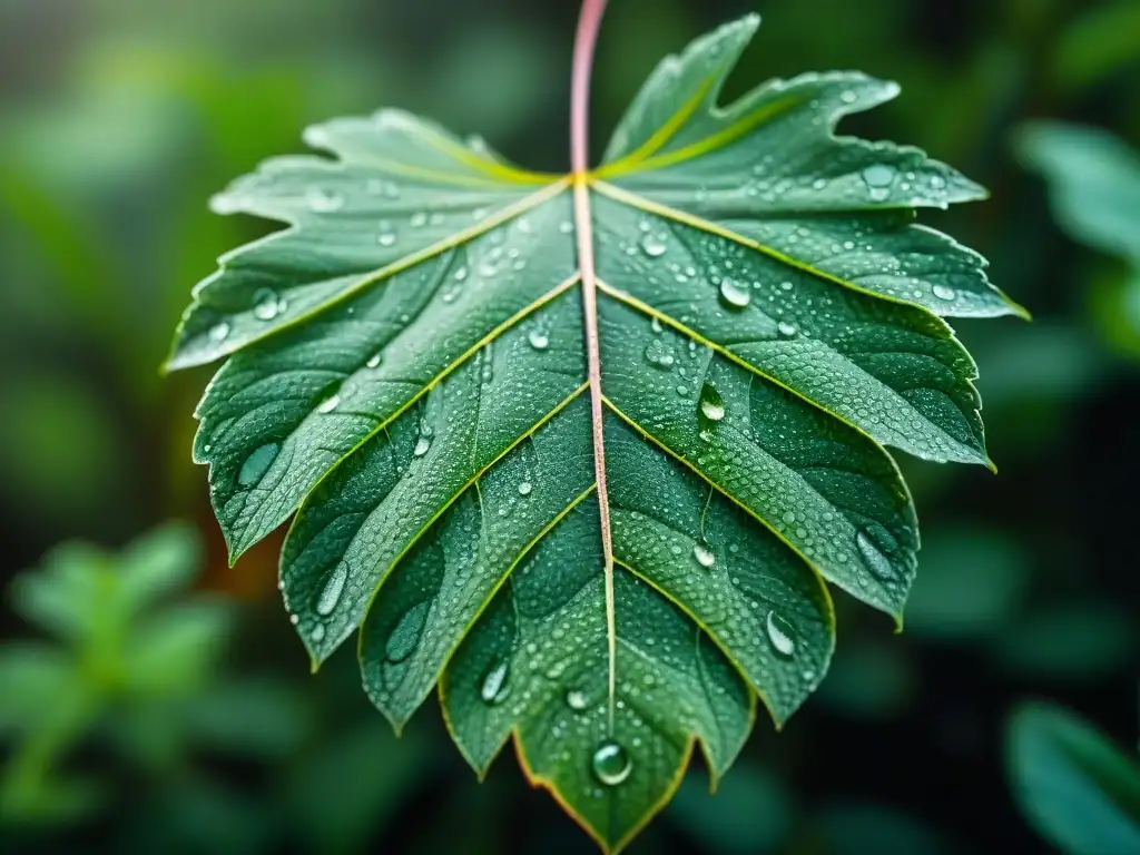 Detalles exquisitos de una hoja verde con gotas de agua, en un bosque de Uruguay al amanecer