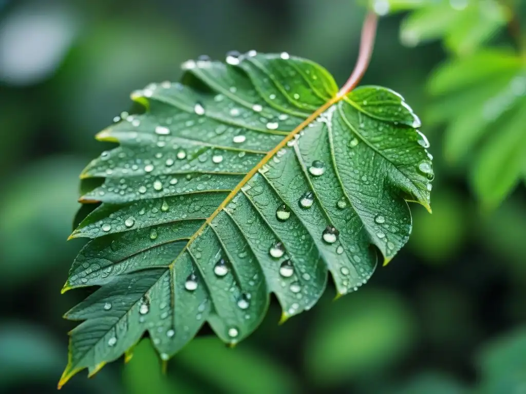 Detalles fascinantes de una hoja verde brillante cubierta de gotas de lluvia, reflejando la luz en un entorno de bosque