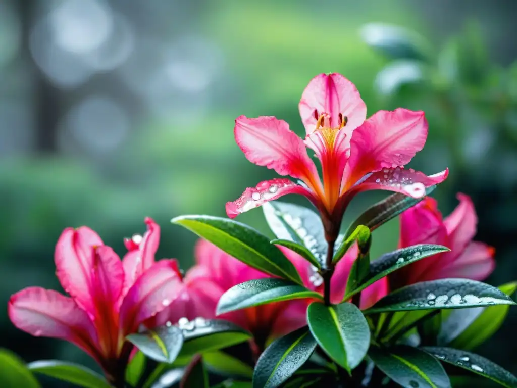 Detalles de una flor de azalea rosa cubierta de rocío, en un bosque sereno con flora y fauna bañados uruguayos