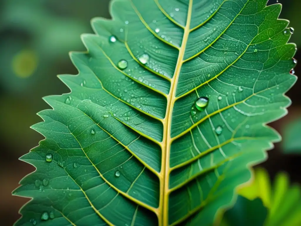 Detalles de una hoja verde con gotas de agua, resaltando la biodiversidad de Uruguay