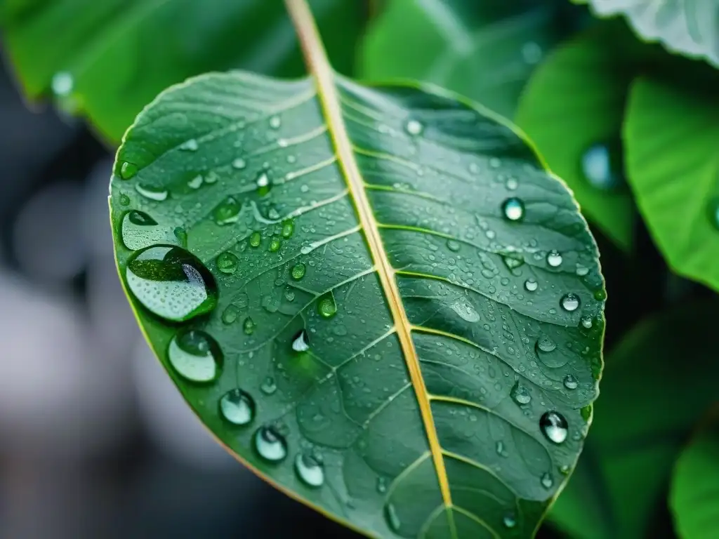 Detalles de una hoja verde con gotas de lluvia, fotografiar Uruguay bajo la lluvia