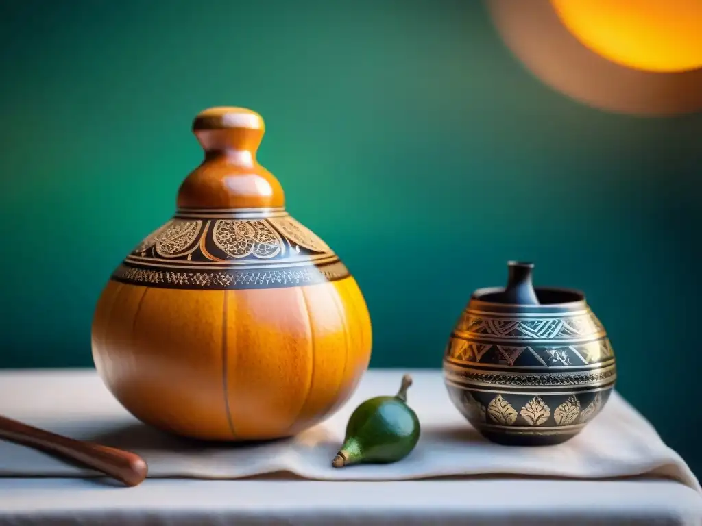 Detalles intrincados en un mate uruguayo artesanal, reflejando la cultura uruguaya de bebidas tradicionales