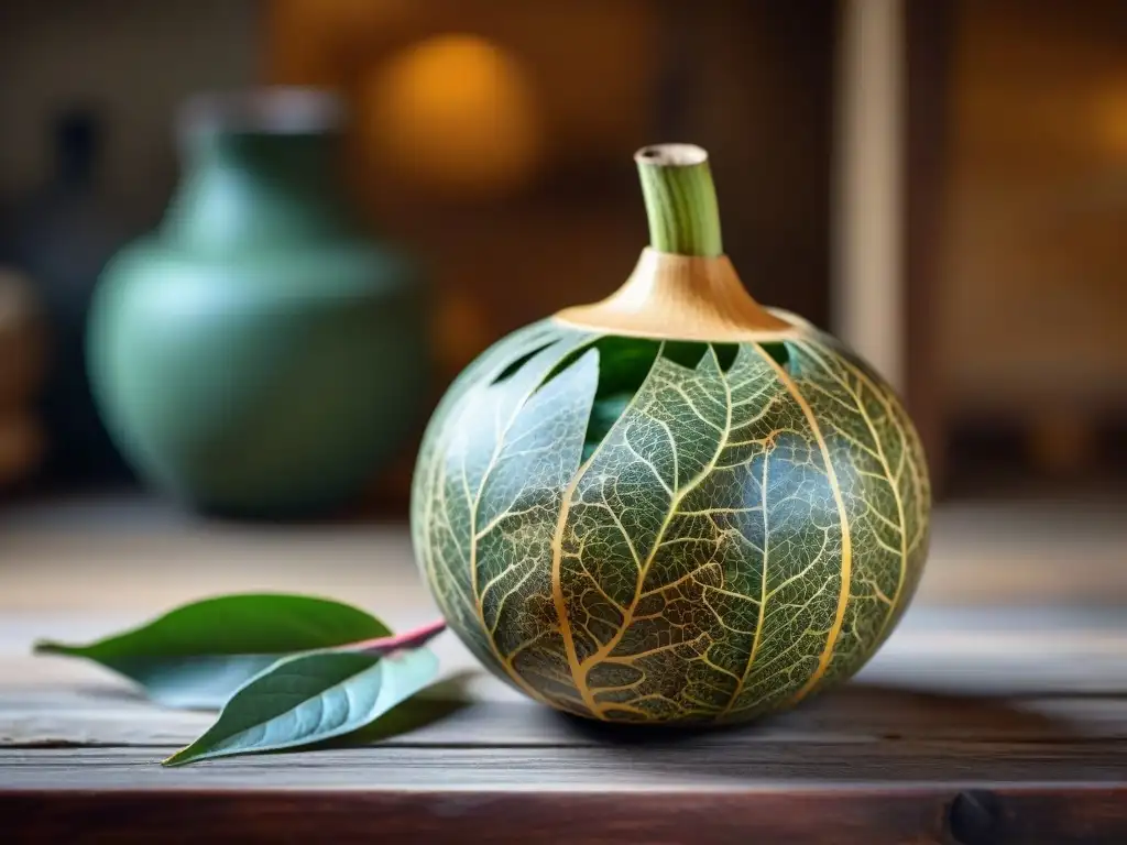 Detalles del mate uruguayo: mate y yerba en un mate tradicional decorado, sobre una mesa de madera