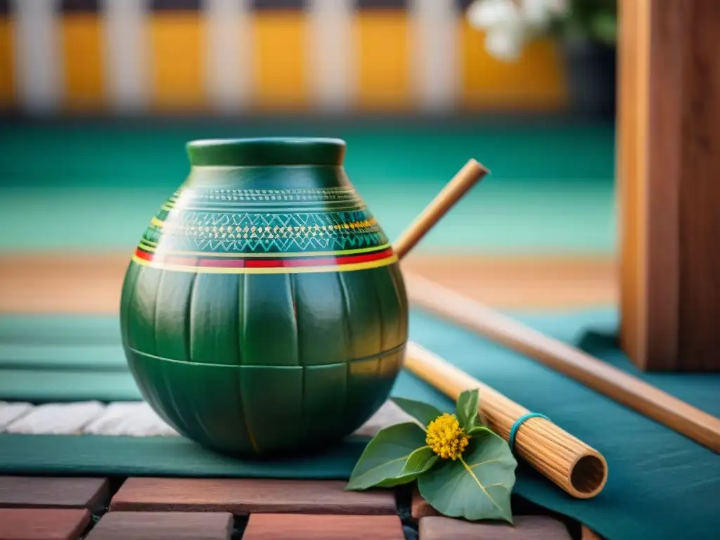 Detalles de un mate uruguayo con yerba mate y bombilla en patio tradicional