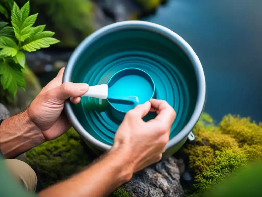 Detalles meticulosos de un excursionista limpiando un sistema de almacenamiento de agua en la naturaleza