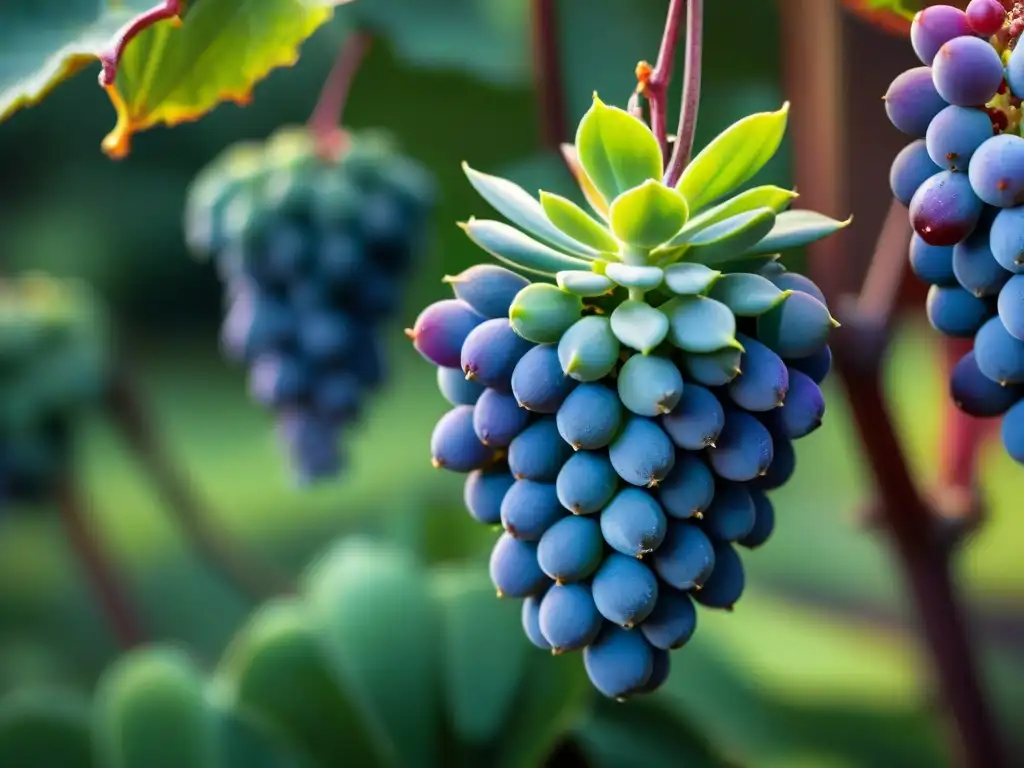 Detalles morados y verdes: racimos de uvas Tannat brillantes bajo el sol uruguayo