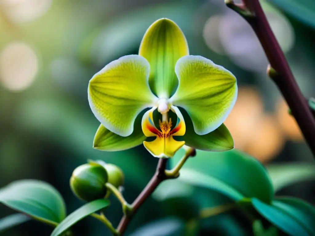 Detalles de una orquídea verde vibrante en Uruguay, resaltando la preservación de la biodiversidad en el país