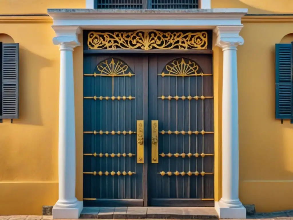 Detalles de una puerta de madera en una arquitectura colonial en Uruguay, mostrando su belleza y misterio