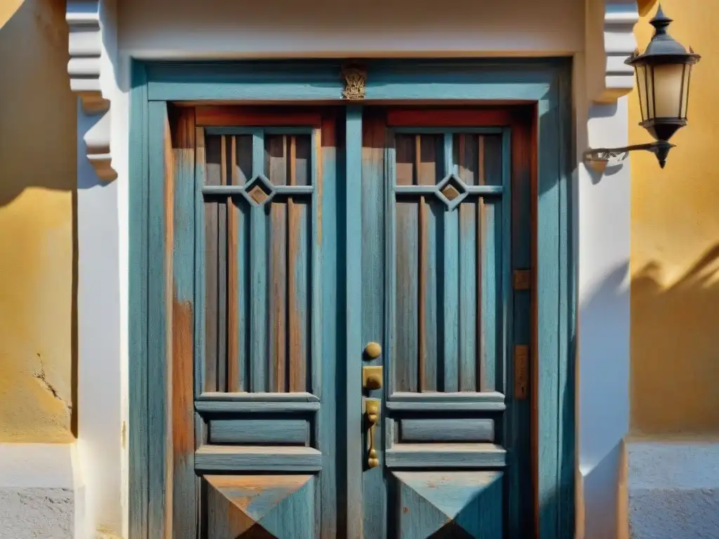 Detalles de una puerta de madera en Uruguay colonial: pintura descascarada, goznes de hierro forjado y texturas antiguas