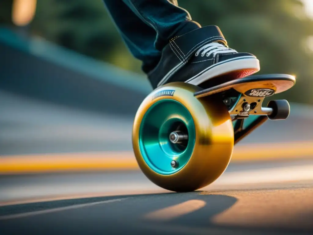 Detalles de rueda de skate en movimiento, con logo desgastado y textura rugged, bañada en luz dorada en skate park