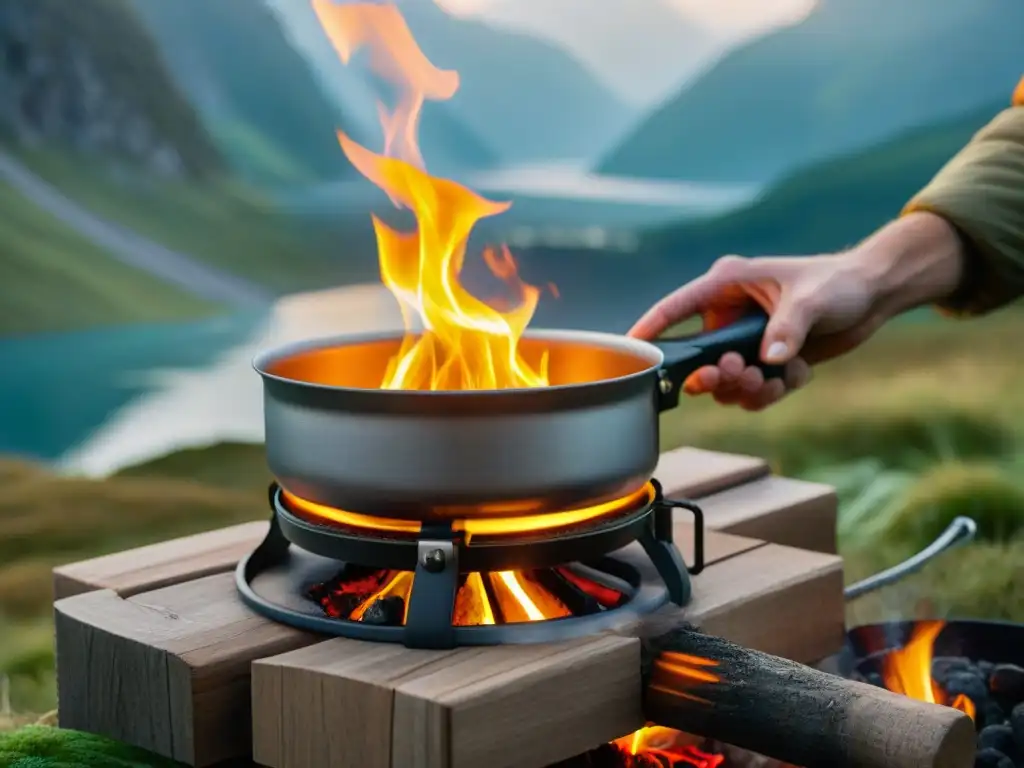 Detalles de un sistema de cocina portátil en acción, con llamas y vapor, transmitiendo la emoción de cocinar al aire libre