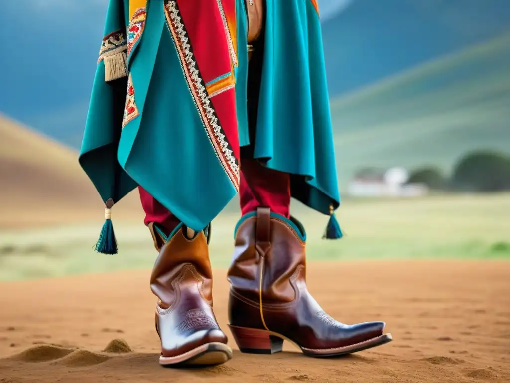 Detalles vibrantes y artesanales del atuendo del gaucho uruguayo, reflejando la riqueza cultural