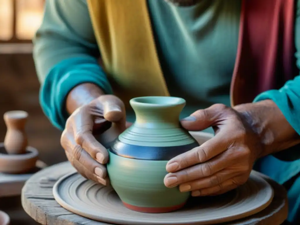 Detalles vibrantes en artesanías uruguayas imprescindibles ruta, manos hábiles creando cerámica tradicional