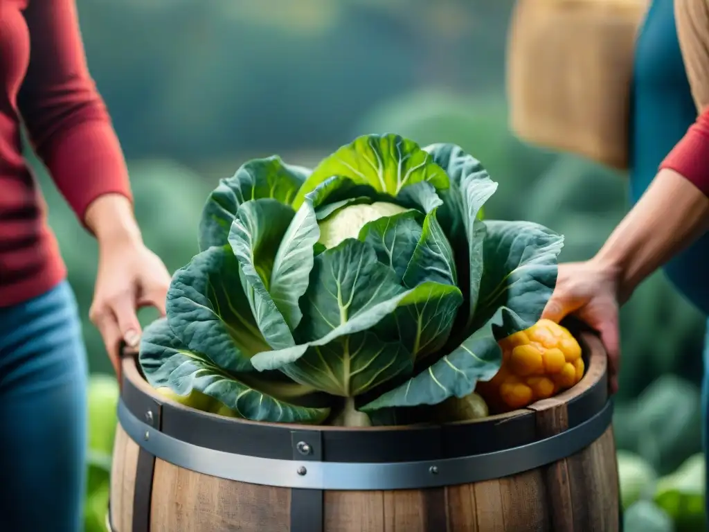 Detalles vibrantes de barril de madera con chucrut y kimchi fermentando en Uruguay