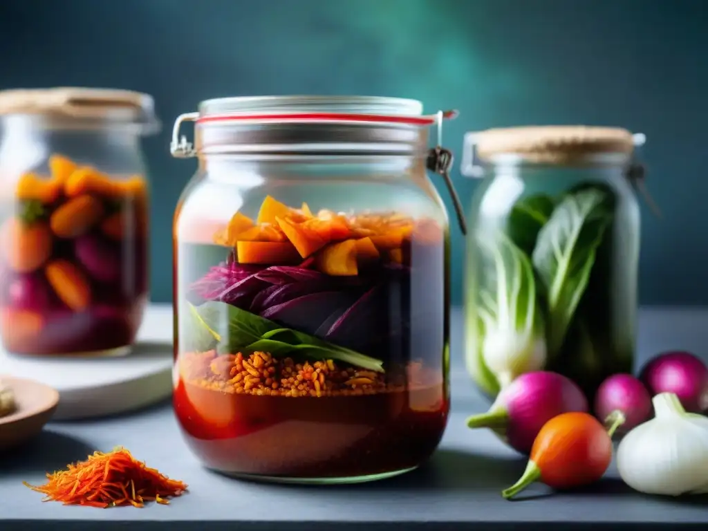 Detalles vibrantes de un frasco con kimchi rojo fermentado casero, resaltando la fermentación chucrut kimchi Uruguay