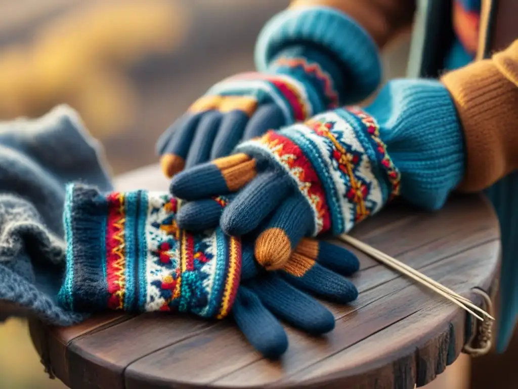 Detalles vibrantes de guantes de lana de alpaca uruguaya, reflejo de artesanía y cultura