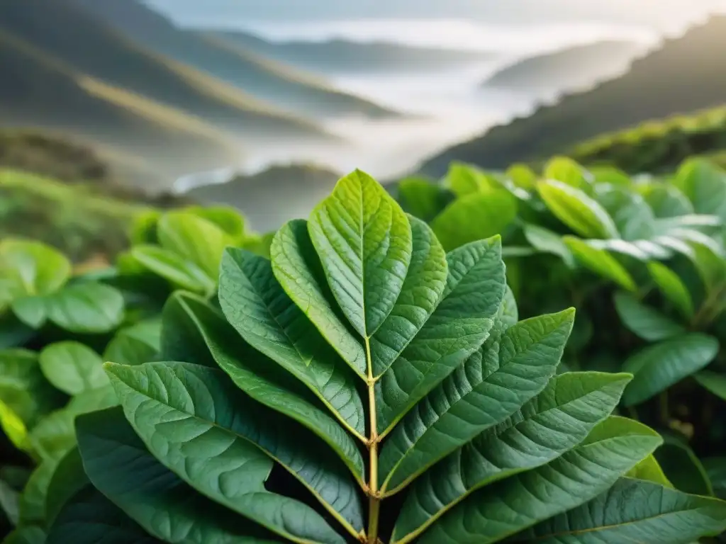 Detalles vibrantes de hojas de yerba mate en un bosque de Uruguay