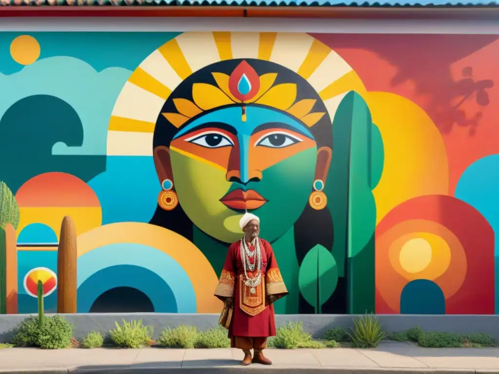 Detalles vibrantes de un mural local: colores audaces, símbolos culturales y vecinos admirando, conectando con la cultura