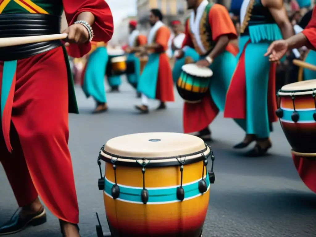 Detalles vibrantes de tambores de candombe durante desfile en Montevideo, Uruguay, destacando la historia del candombe en Uruguay