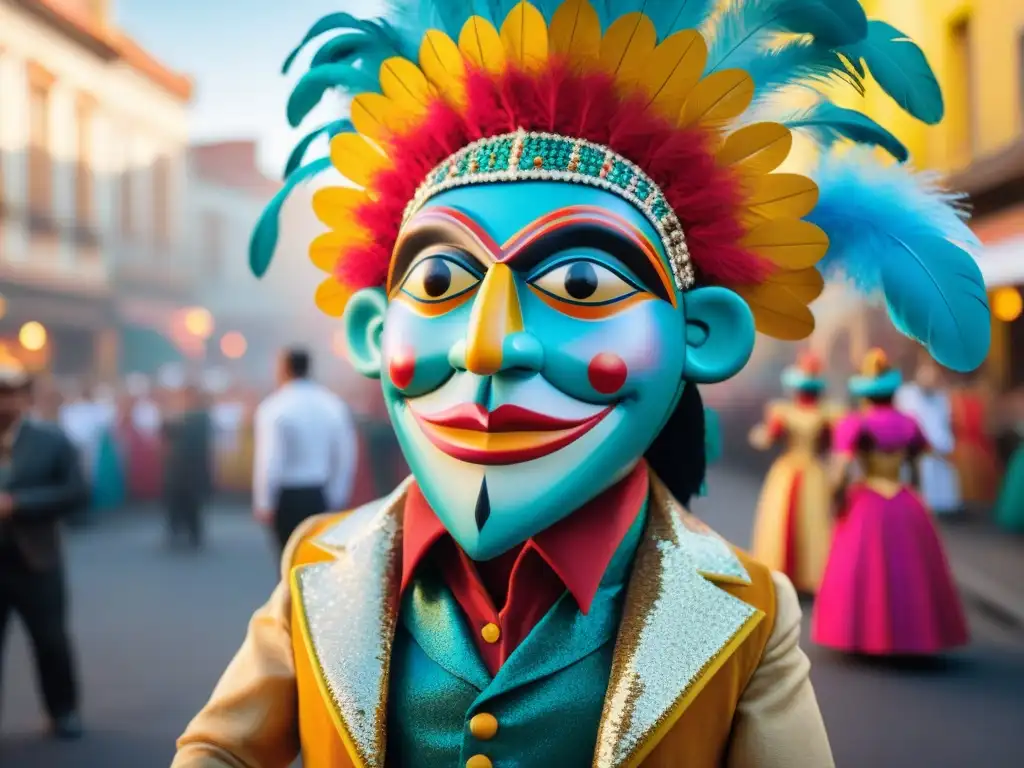 Detalles vibrantes de un títere tradicional uruguayo en el carnaval, reflejando la rica tradición títeres carnaval Uruguay