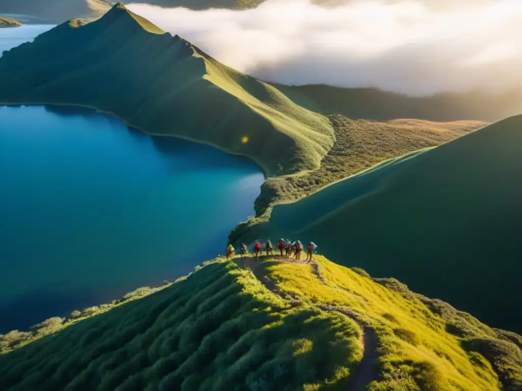 Un día perfecto para el trekking en Uruguay: grupo de excursionistas explorando los majestuosos paisajes verdes