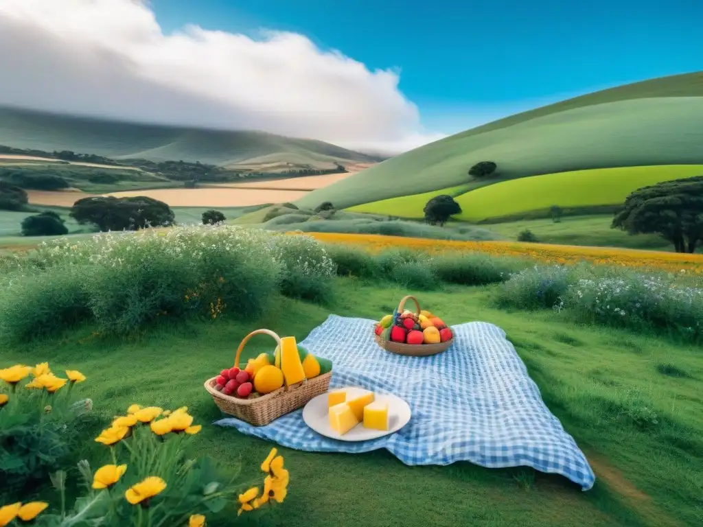 Un día de picnic perfecto en Uruguay: familias y amigos disfrutan de un prado verde con mantas de colores y cestas llenas de frutas frescas