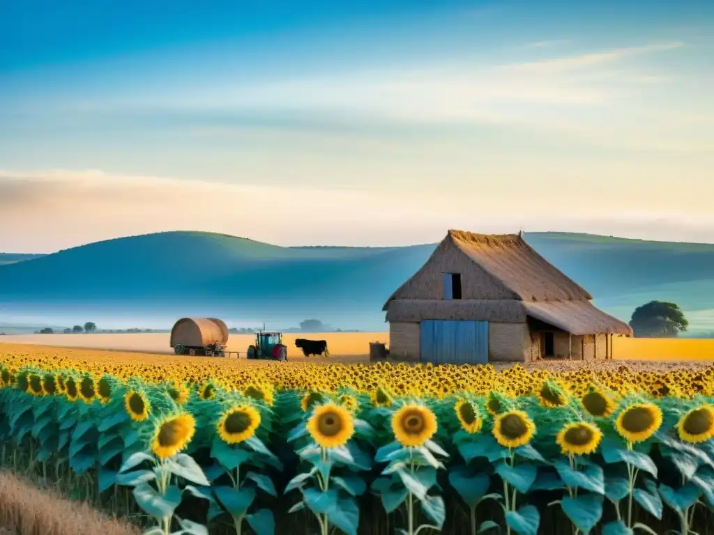 Un día soleado en un campo de girasoles en Uruguay, con turistas disfrutando de actividades de agroturismo