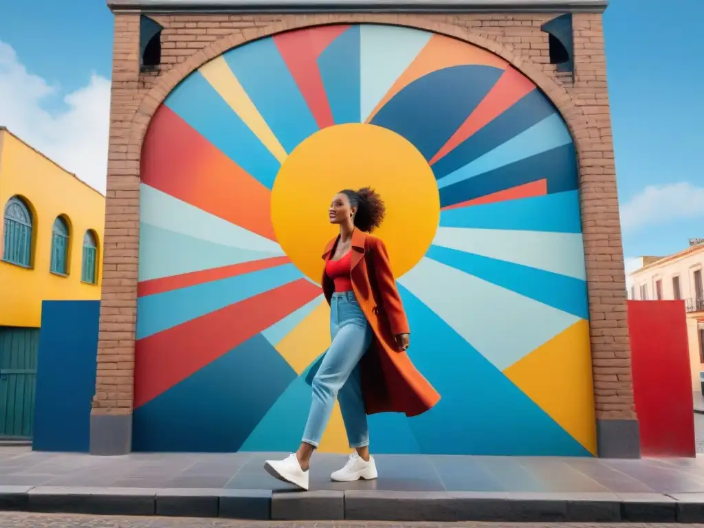 Un dinámico mural en las calles de Montevideo, Uruguay, con formas abstractas y colores vivos creando movimiento y energía