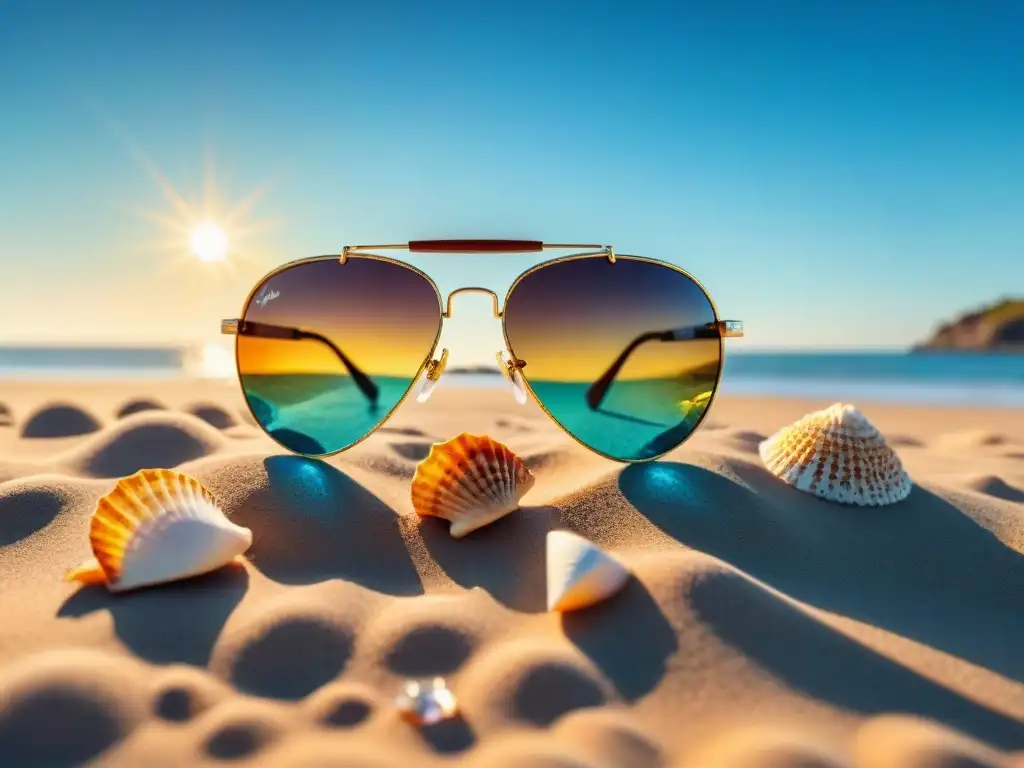 Un diseño detallado de gafas de sol descansando en una playa de Uruguay, con olas cristalinas y cielo azul