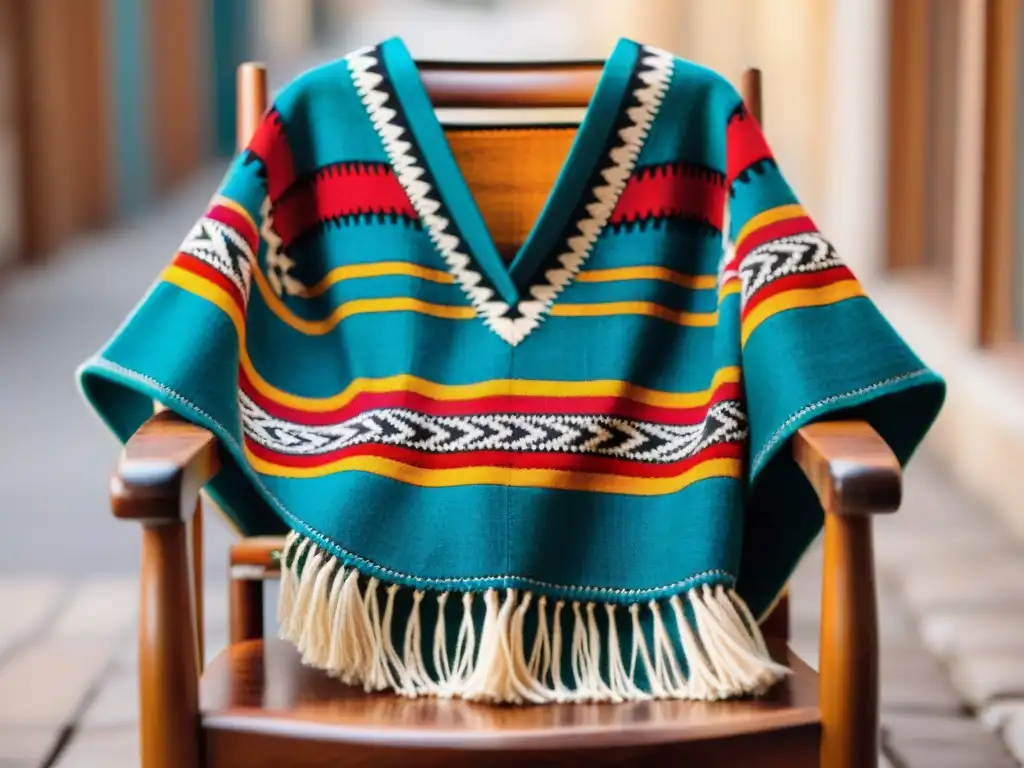 Diseño de moda inspirado en Uruguay: Detalle de un poncho tradicional uruguayo de lana tejida a mano sobre una silla de madera rústica