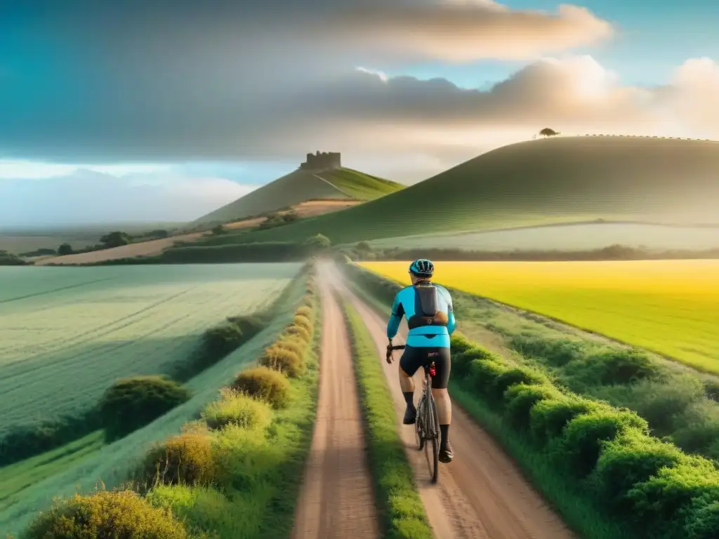 Diversidad de ciclistas en ruta bicicleta Uruguay rural bajo el cálido sol poniente