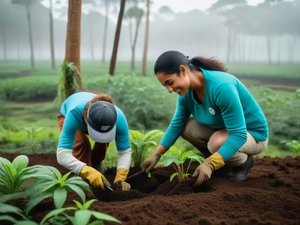 Voluntariado restauración ecosistemas Uruguay: Diversidad de voluntarios plantando árboles en un bosque exuberante