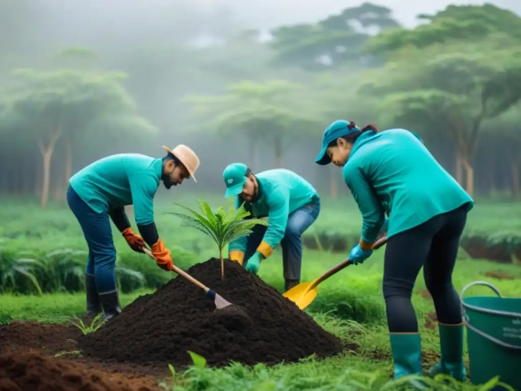 Voluntariado restauración ecosistemas Uruguay: Grupo diverso plantando árboles nativos en un bosque verde exuberante