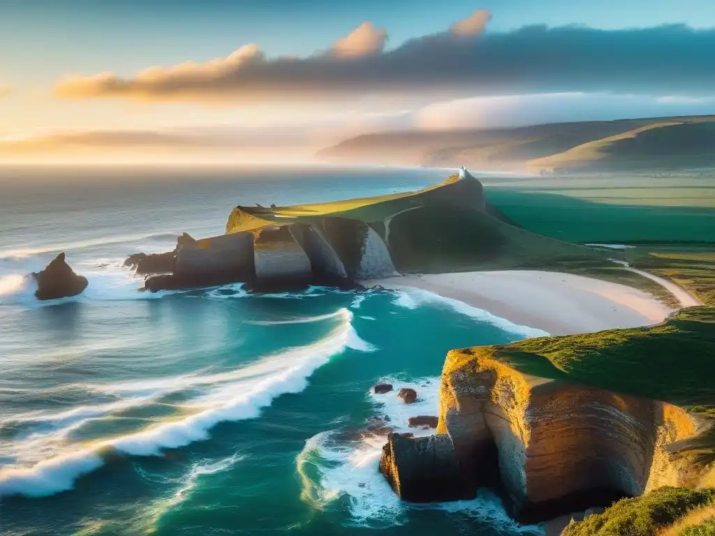 Fotografía documental de las costas uruguayas al atardecer, con olas, acantilados y una gaviota