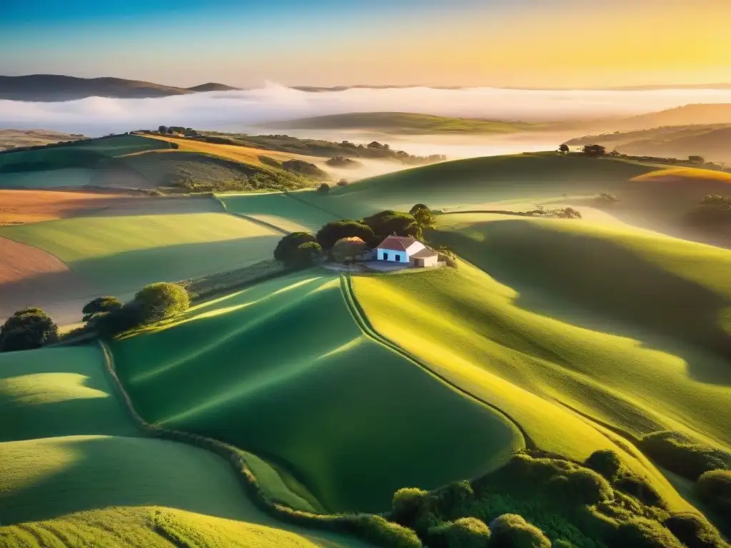 Amanecer dorado en estancia de Uruguay, vida rural auténtica