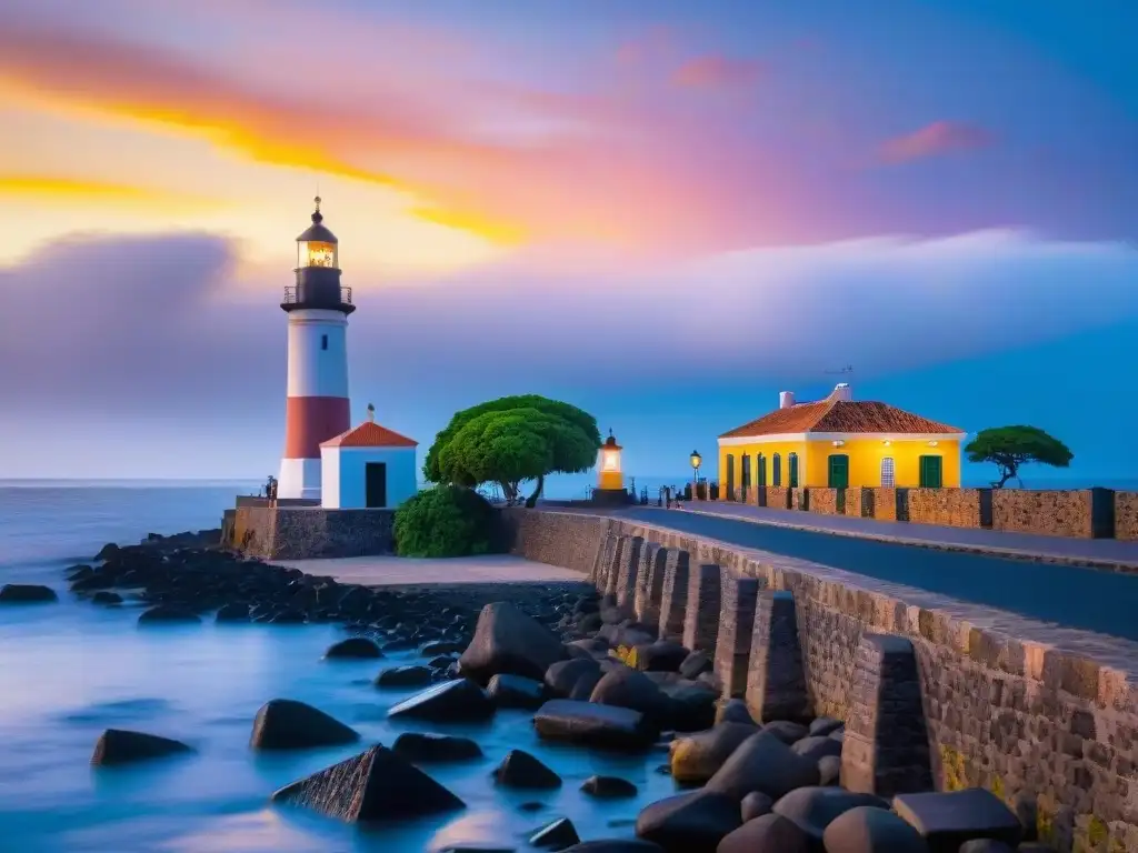 Amanecer dorado sobre el Faro de Colonia del Sacramento en Barrio Histórico, reflejando la historia y belleza del sitio