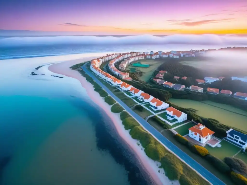 Drone capturando la costa de Punta del Este al atardecer