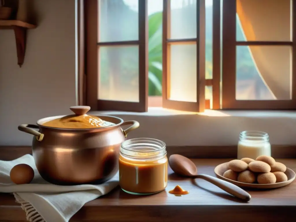 Preparando dulce de leche uruguayo auténtico en cocina rústica al amanecer